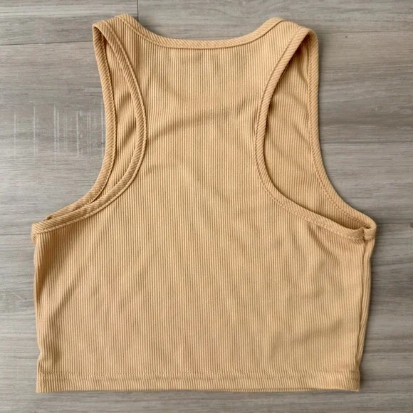 Tan Ribbed Racerback Crop Tank Top High Neck Sleeveless Knit Camel Camisole - Picture 2 of 2